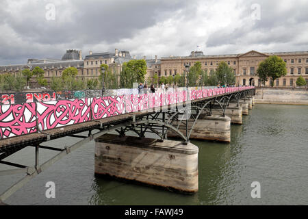 Colourful boards replaced the padlocks/lovelocks on the Pont des Arts bridge over the River Seine, Paris, France. Stock Photo