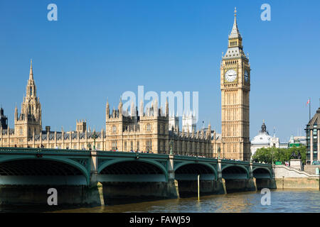 London, Big Ben Clock Tower and Westminster Bridge Stock Photo