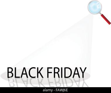 Magnifying Glass Searching Cheap Product on Black Friday Best Buy Deal, Sign for Start Christmas Shopping Season. Stock Vector