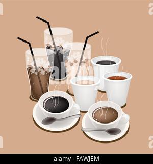 A Group of Black Coffee, Takeaway Coffee and Iced Coffee Stay on Retro Brown Background Stock Vector