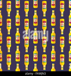 vector colored pop art style yellow beer bottle seamless pattern on dark blue background Stock Vector