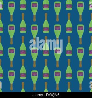 vector colored pop art style neon green champagne bottle seamless pattern on dark blue background Stock Vector