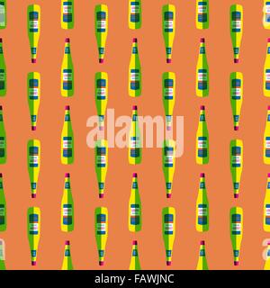 vector colored pop art style lemon yellow liquor bottle seamless pattern on orange background Stock Vector