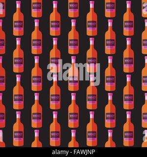 vector colored pop art style brown orange whisky bottle seamless pattern on dark background Stock Vector