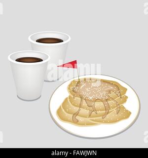 Coffee Time, A Cup of Takeaway Coffee in Disposable Cup Served With Freshly Homemade Pancakes and A Little Red Flag Stock Vector