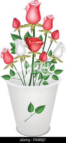 A Symbol of Love, Bright and Beautiful Bouquet of White and Red Roses in Bucket Isolated on White Background Stock Vector