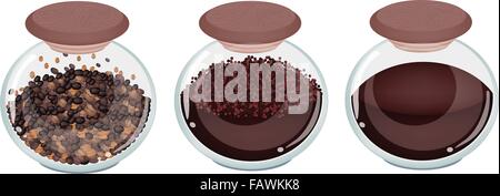 Coffee Time, An Illustration of Different Types of Coffee in Three Glass Jar, Roasted Coffee Beans, Coffee Powder and Hot Coffee Stock Vector