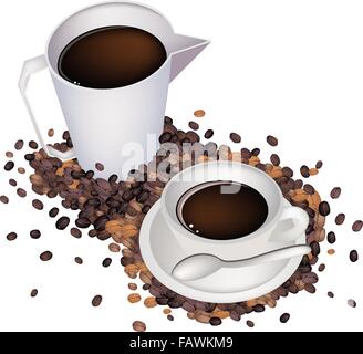 Coffee Time, A White Measure Cup and A Cup of Hot Coffee with Roasted Coffee Bean Isolated on White Background Stock Vector