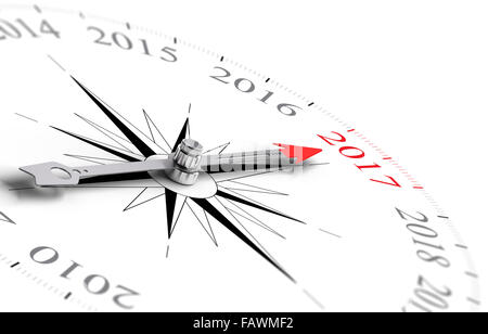 Conceptual compass with needle pointing the year 2017, black and red tones over white background. Concept image for illustration Stock Photo