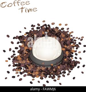 Coffee Time, Beautiful Service Bell with Roasted Coffee Bean Isolated on White Background Stock Vector