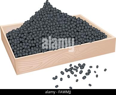 An Illustration Heap Of Black Dried Beans in Wooden Box Isolated on White Background Stock Vector
