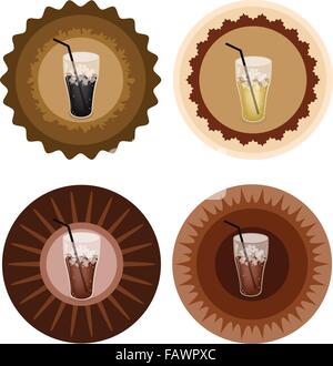 Iced Coffee, Iced Tea, Cola and Soda Drink on Beautiful Round Retro Labels Stock Vector