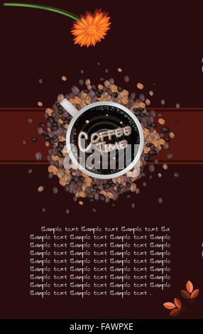 Coffee Menu, Latte Art of Milk Cream Writing Coffee Time Word on A Cup of Coffee with Coffee Bean and Daisy Flower on Brown Back Stock Vector