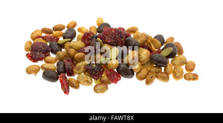 A portion of trail mix with soy beans, dried cranberries and pumpkin seeds sprinkled with sea salt Stock Photo