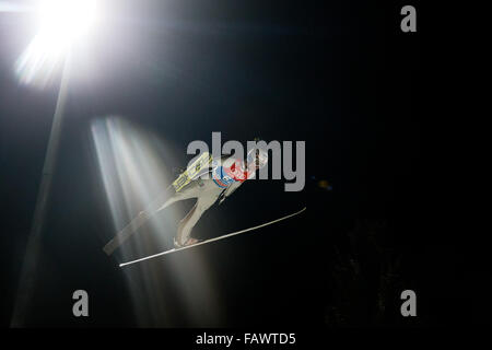 Bischofshofen, Austria. 05th Jan, 2016. Kenneth Gangnes of Norway soars through the air during the qualification of the fourth stage of the Four Hills ski jumping tournament in Bischofshofen, Austria, 05 January 2016. Photo: Daniel Karmann/dpa/Alamy Live News Stock Photo