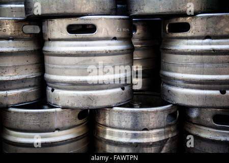 aluminum barrel beer kegs in rows outdoor Stock Photo