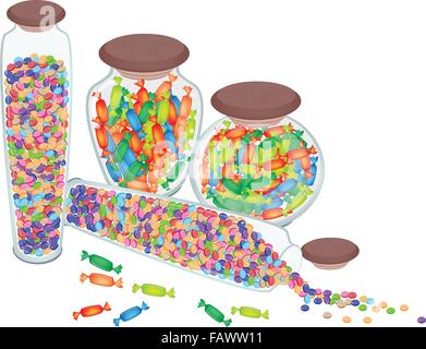 Sweet Food, Colorful Chocolate Candies and Hard Candies in Four Tall Glass Jar Isolated on White Background Stock Vector
