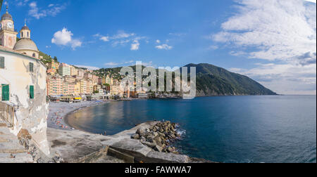 Panoramic view of the coastal town of Camogli, Liguria, Italy, along the beach. Stock Photo