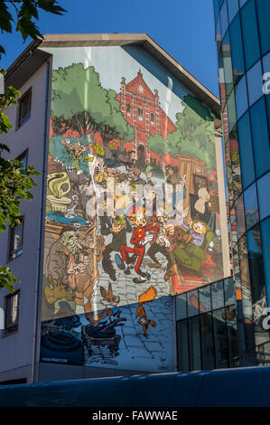 Comic-themed mural in Brussels, Belgium, of the classic Franco-Belgian comic 'Spirou et Fantasio' by Robert Velter (Rob-Vel). Stock Photo
