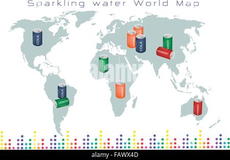 Beverages and Drinks, A Map of Soda Cans in Various Tastes and Colors On A Global Scale Stock Vector