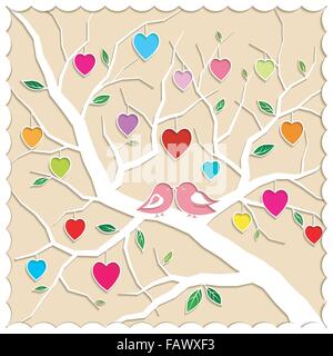 Springtime Love Tree and Birds Illustration Stock Vector