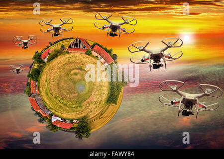 Drone cargo delivery concept in the background planet earth. Stock Photo