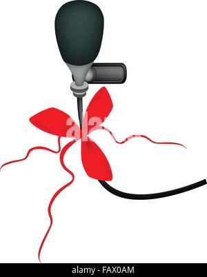 Wireless Microphone in Modern Style with Red Ribbon and Bow, A Perfect Gift or Present for Someone Special. Stock Vector