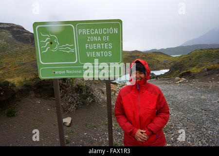 Warning sign of strong winds, Torres del Paine National Park, Patagonia, Chile Stock Photo