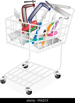 A Shopping Cart Full with Builder Tools or Hand Tools, Trowel, Putty Knife, Paint Scraper and Paint Roller for Construction Stock Vector