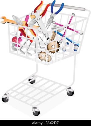A Shopping Cart Full with Various Type of Auto Service and Repair Tool Kits, Spanner, Gears, Pipe Wrench, Hex Keys, Socket Wrenc Stock Vector