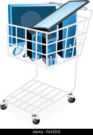 A Shopping Cart Full with Desktop Computer or Desktop PC Isolated on White Background. Stock Vector