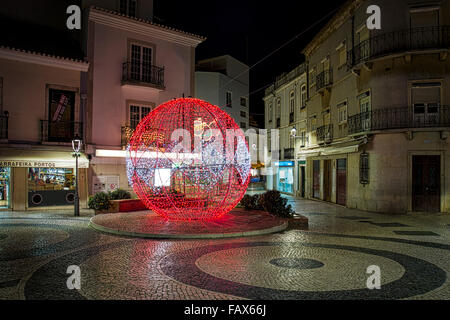 Christmas lights and decorations in the town square, Lagos Portugal. Stock Photo