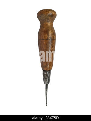 vintage rusty shoemaker awl with wooden handle over white Stock Photo
