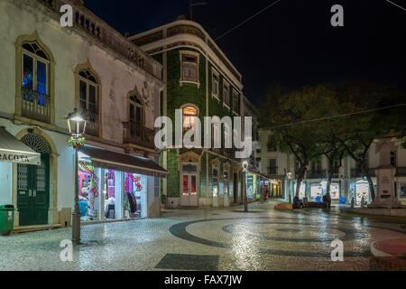 Traditional green tiled house in the town square, Praca de Camoes,  Lagos, Portugal, at night. Stock Photo