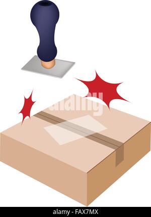 Handle Stamper Ready to Stamps on White Label and Sealed Cardboard Box Isolated on White Background. Stock Vector