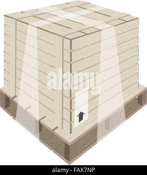 An Illustration Wooden Crate or Cargo Box Wrapped in Plastic Shrink Wrap and Steel Banding on A Wooden Pallet, Preparing for Shi Stock Vector