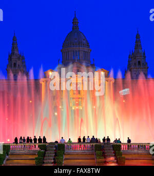 Museu Nacional d'Art de Catalunya and Magic Fountain at dusk, Barcelona, Spain Stock Photo