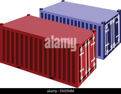 Blue and Red Cargo Containers, Freight Containers or Shipping Containers for Portable Storage, Overseas Shipping or Mobile Offic Stock Vector