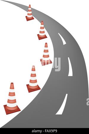 A Row of Orange and White Safety Road Cones or Traffic Cones on A Road for Traffic Redirection or Warning of Hazards or Dangers. Stock Vector