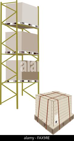 Illustration of Cargo Shelf with Wooden Crates or Cargo Boxes with Steel Banding on A Wooden Pallet, for Storage of Goods. Stock Vector
