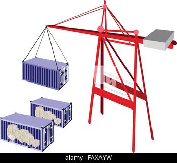 A Container Crane Lifting A Blue Freight Container from Stack To A Ship, Container Crane Is A Heavy Machine for Loading and Unlo Stock Vector