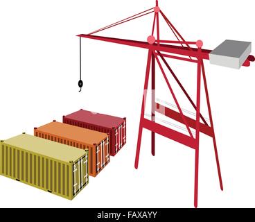 A Container Crane with Three Freight Container, Container Crane Is A Heavy Machine for Loading and Unloading Container from Cont Stock Vector