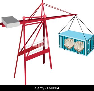 A Container Crane Lifting A Blue Freight Container To A Ship, Container Crane Is A Heavy Machine for Loading and Unloading Conta Stock Vector