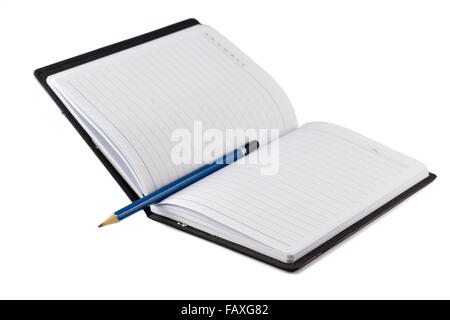 Blue pencil on black leather moleskin notebook on white. Stock Photo