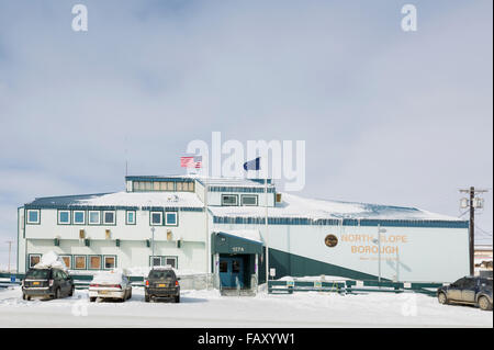 Exterior view of the North Slope Borough Headquarters Office, Barrow, North Slope, Arctic Alaska, USA, Winter Stock Photo