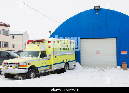 Exterior View Of The North Slope Borough Police Department Building With An Ambulance Parked Alongside, Barrow, North Slope, Arctic Alaska, USA, Wi... Stock Photo