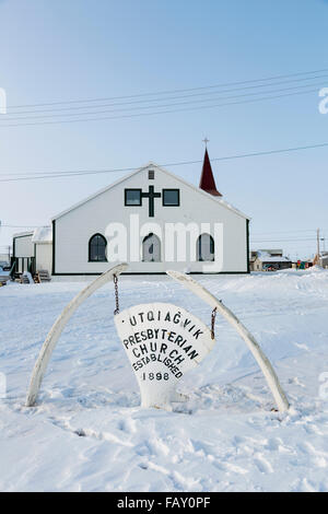 Utqiagvik Sign Utqiagvik Presbyterian Church with a whale bone sign in the foreground ...