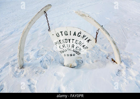 Utqiagvik Sign Utqiagvik Presbyterian Church with a whale bone sign in the foreground ...