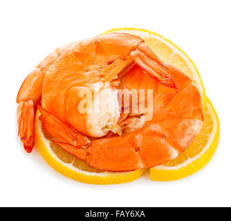 Tiger shrimps with lemon slice . Prawns with lemon slice isolated on a white background. Seafood Stock Photo