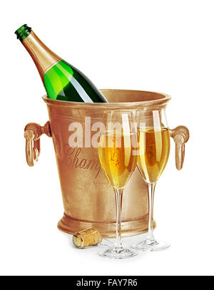 Champagne bottle in golden ice bucket with glasses of champagne close-up isolated on a white background. Festive still life. Stock Photo